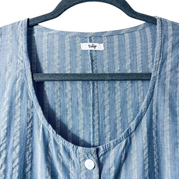 Tulip clothing XL blue white seersucker button front pocket back detail tunic - Picture 2 of 14